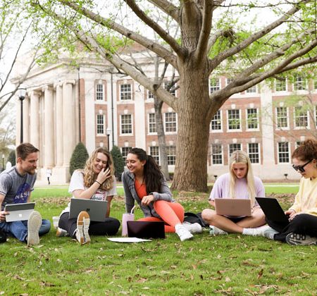 students studying on the Quad